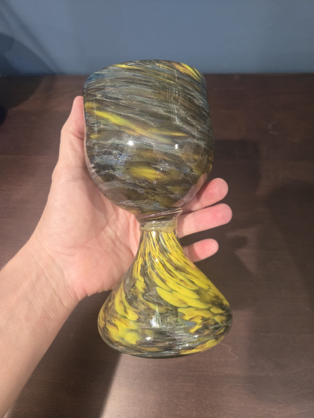 Handblown yellow and gray 8oz glass Chalice Goblet Swirl Stem Wine Glass